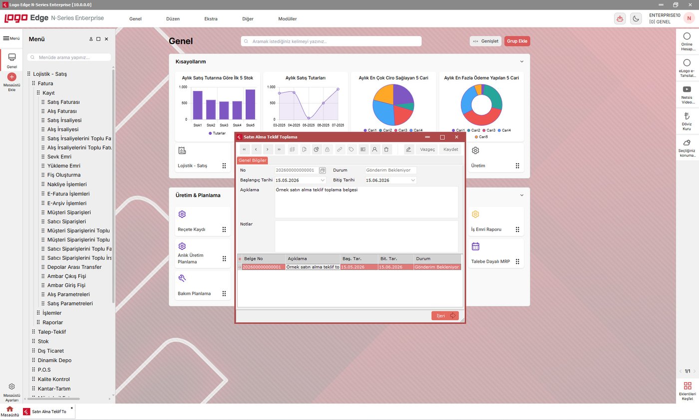 Logo Edge N-Series Enterprise ana ekranı ve satın alma teklif toplama